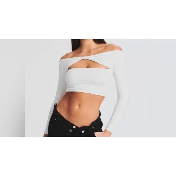 NWT SEROYA Ellis Soft Jersey Long Sleeve Crop Top - Cut Out White sz Large - Picture 1 of 5